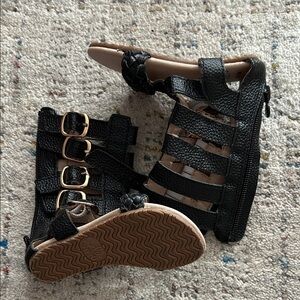 Monkey Feet Black Gladiator Sandals with Gold Buckles